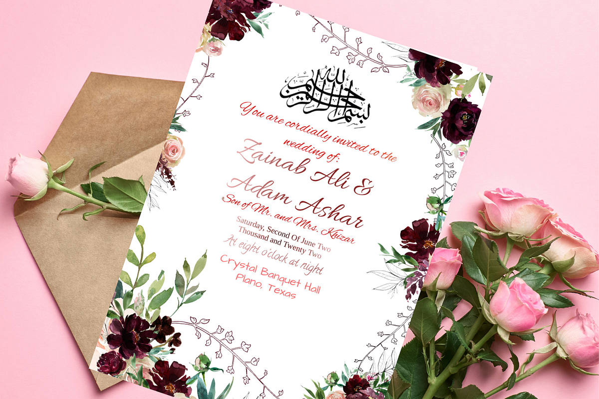 Burgundy Muslim Wedding Invitation, an Invitation Template by NailaDesignsStudio (Photo 2 of 4)