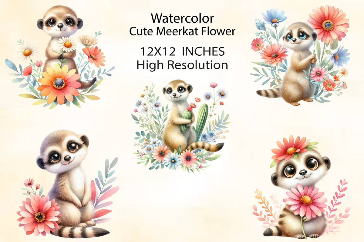 Watercolor Cute Meerkat Flower PNG, an Illustration by CraftArtStudio (Photo 2 of 3)