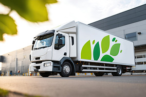 Delivery truck parked in the city ready for unloading goods at local business s, a Transportation Photo by AlyaAnd