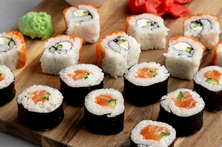 Homemade Sushi Platter with Wasabi and Soy Sauce on a Board, low, a Food & Drink Photo by LiudmylaChuhunova