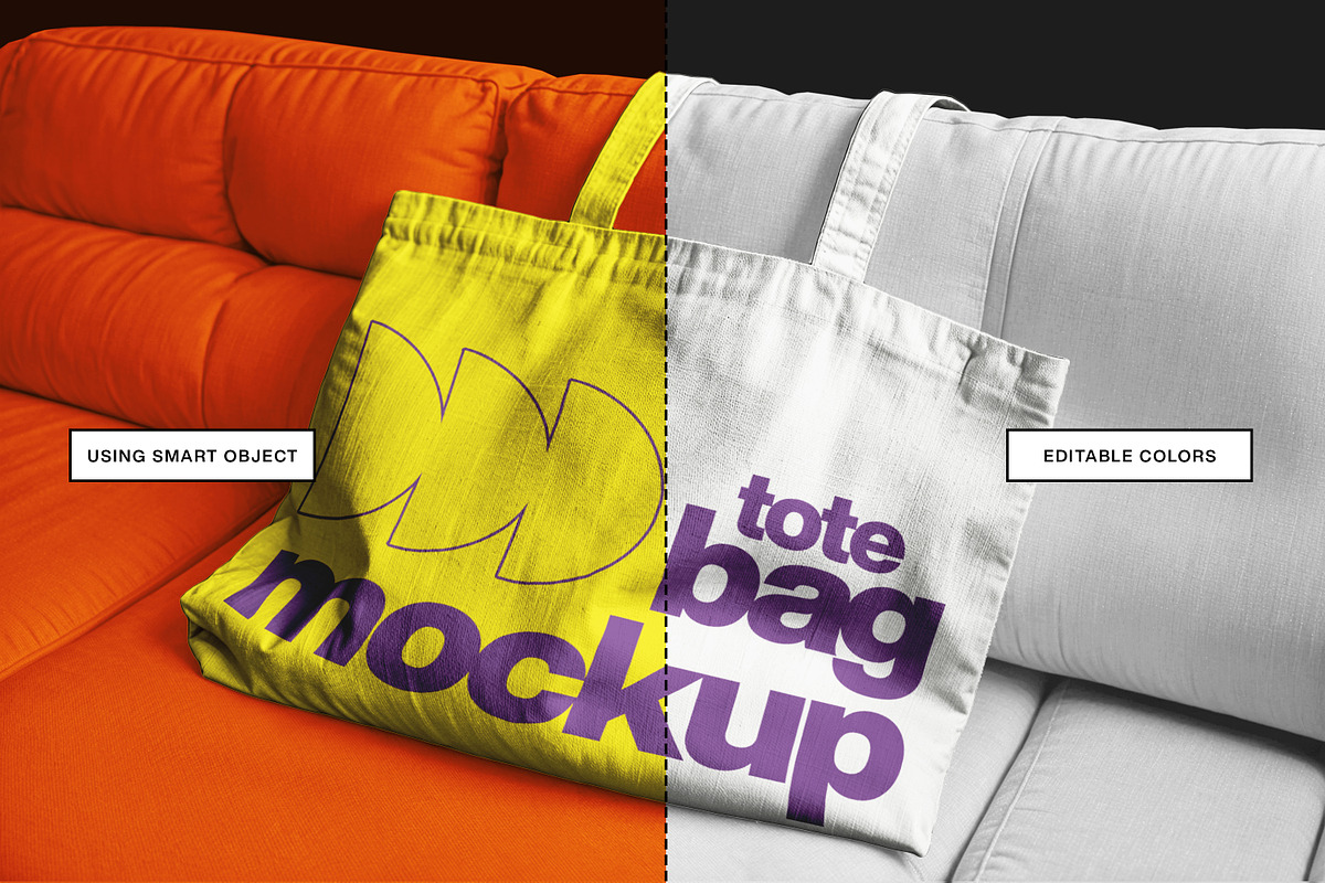 Totebag on Sofa, an Apparel Mockup by sagesmask.com (Photo 3 of 3)