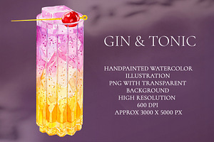 Gin and Tonic Watercolor Cocktail