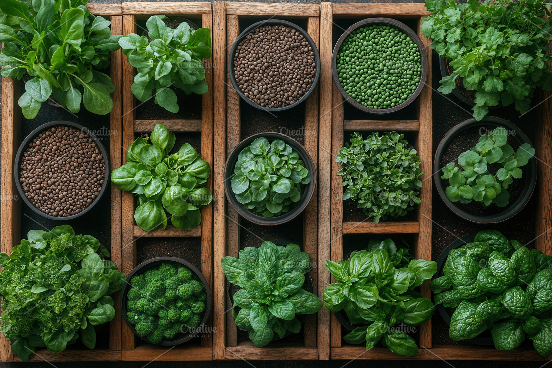 Fresh herbs and greens arranged in w, a Photo by Tanuart