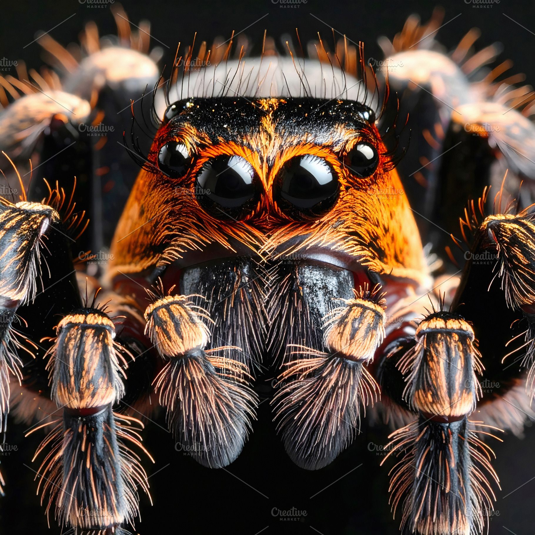 Closeup tarantula portrait with orange markings and black fangs, an Animal Photo by GoodGoods