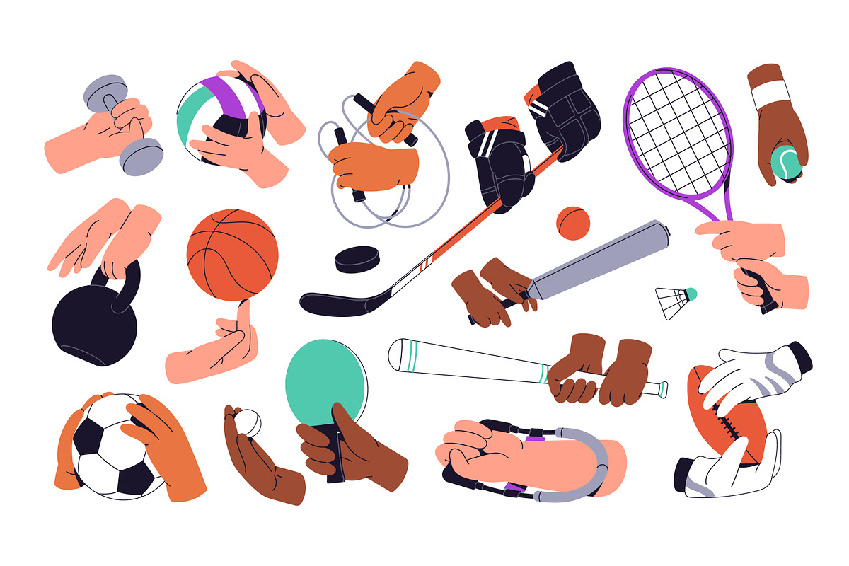 Hands holding sports equipment set, a Sport Illustration by PaperTrident (Photo 1 of 7)