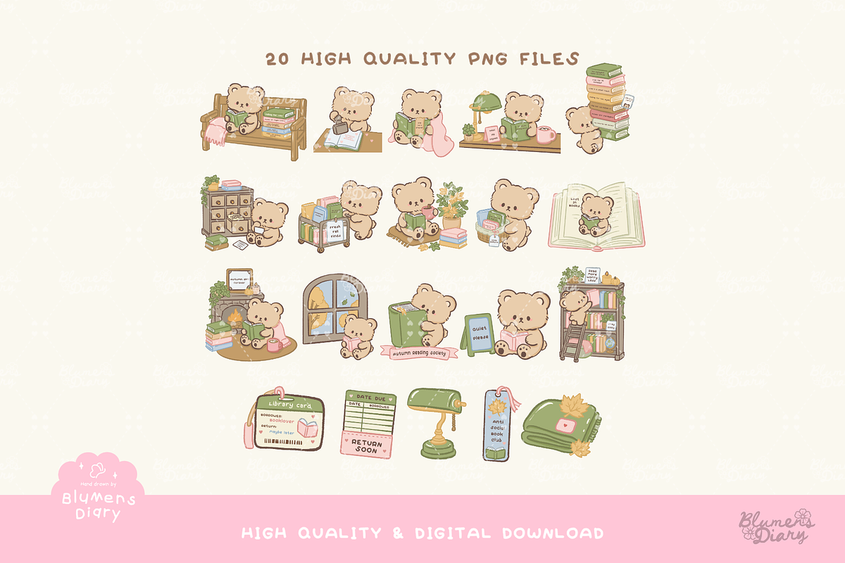 Kawaii Bear Autumn Library Clipart, an Animal Illustration by Blumensdiary (Photo 2 of 6)