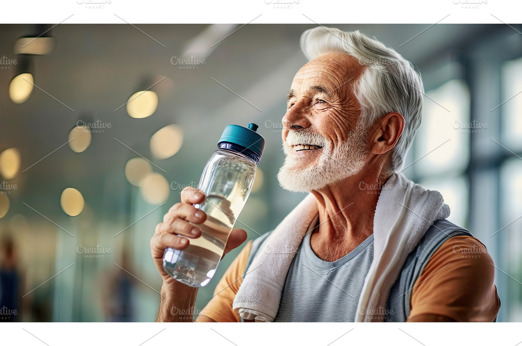 An elderly man smiling at the gym, a Person Photo by Igor Tichonow