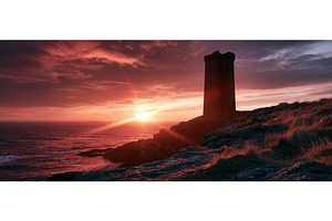Ancient Coastal Tower at Fiery Ocean, an Architecture Photo by piter.goskov