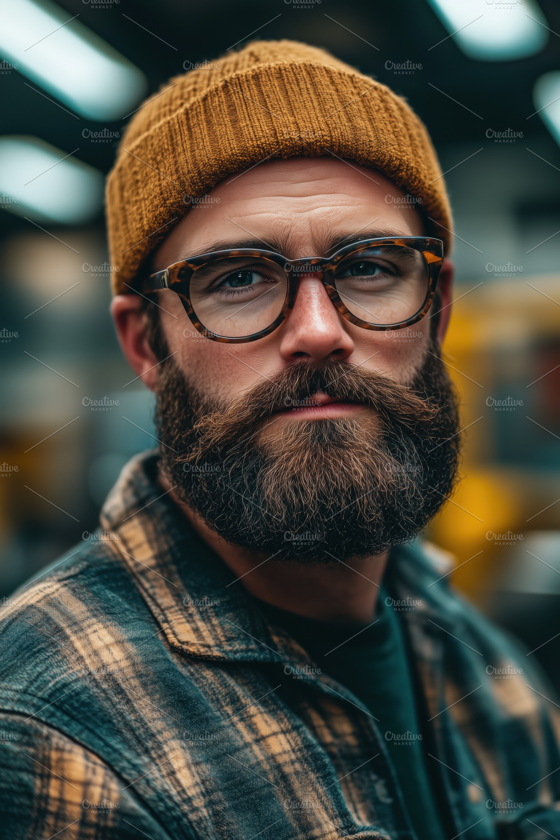 A close-up industrial designer portrait of a man with a thick beard, wearing gl, a Person Photo by Textures & Backgrounds