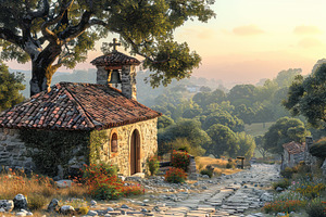 Small stone chapel with red tiled roof and bell tower on a cobbl, a Photo by José Manuel Gelpi