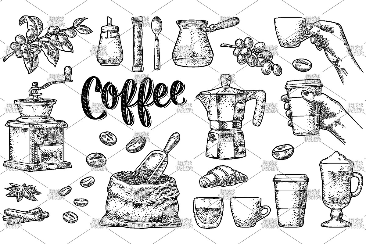 Set coffee vector engraving, a Food Illustration by MoreVector (Photo 2 of 4)