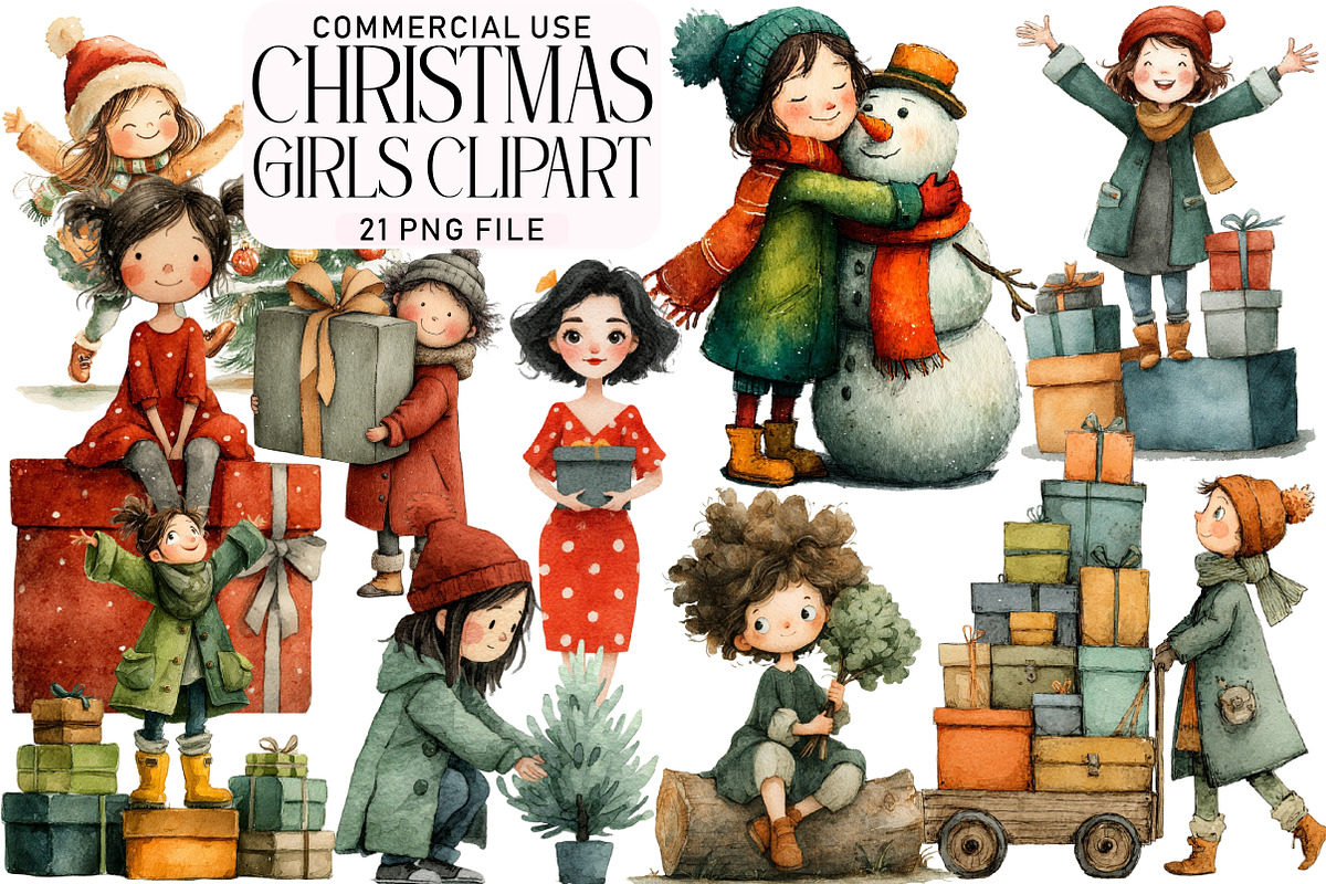 Watercolor Christmas Girls Clipart, an Illustration by Daily.Designs (Photo 1 of 3)