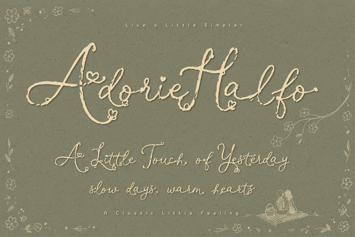 Adorie Halfo - Rustic Simple Script, a Script Font by HypeWorksCo (Photo 1 of 15)
