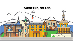 Poland, Zakopane. City Skyline, Architecture, Buildings, Streets, Silhouette, Landscape, Panorama, Landmarks. Editable Strokes. Flat Design Line Vecto