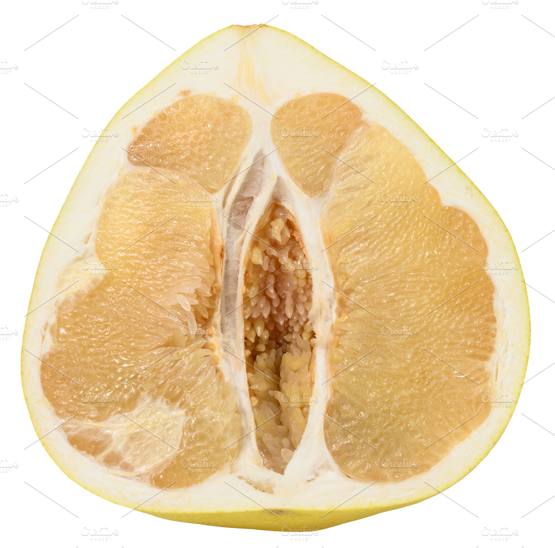 Half of juicy ripe pomelo on isolated background, a Food & Drink Photo by ndanko