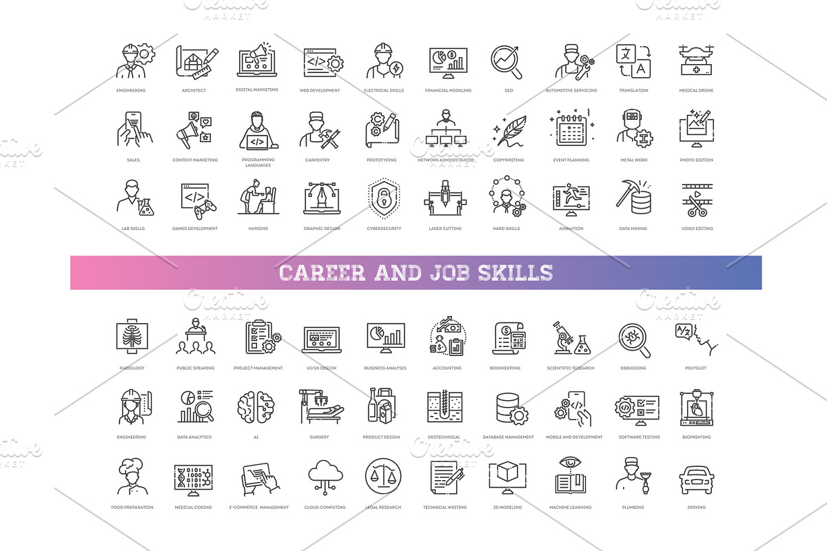 Career and job skills line icons set, an Outline Icon by Tettygreen (Photo 1 of 2)