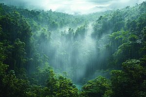 Lush rainforest bathed in mist and r, a Photo by Tanuart