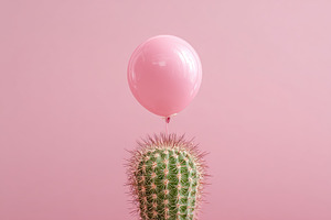 Pink balloon balancing atop a green cactus in front of a pastel, an Abstract Photo by Ales Munt