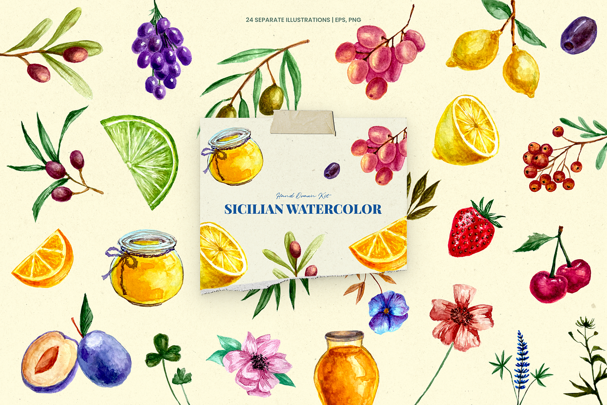 Sicilian Watercolor Fruits & Floral, a Decorative Illustration by Promo Graphics (Photo 4 of 8)