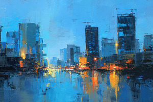 City skyline at dusk with glowing, a Photo by Pavel_design