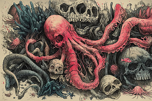 Surreal Illustration Of Skulls And Tentacle Creatures In Intricate Artwork