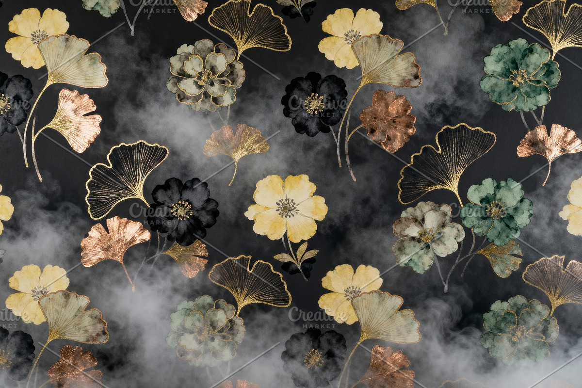 Elegant Gilded Ginkgo & Floral Smoke, a Decorative Illustration by Virgo Studio
