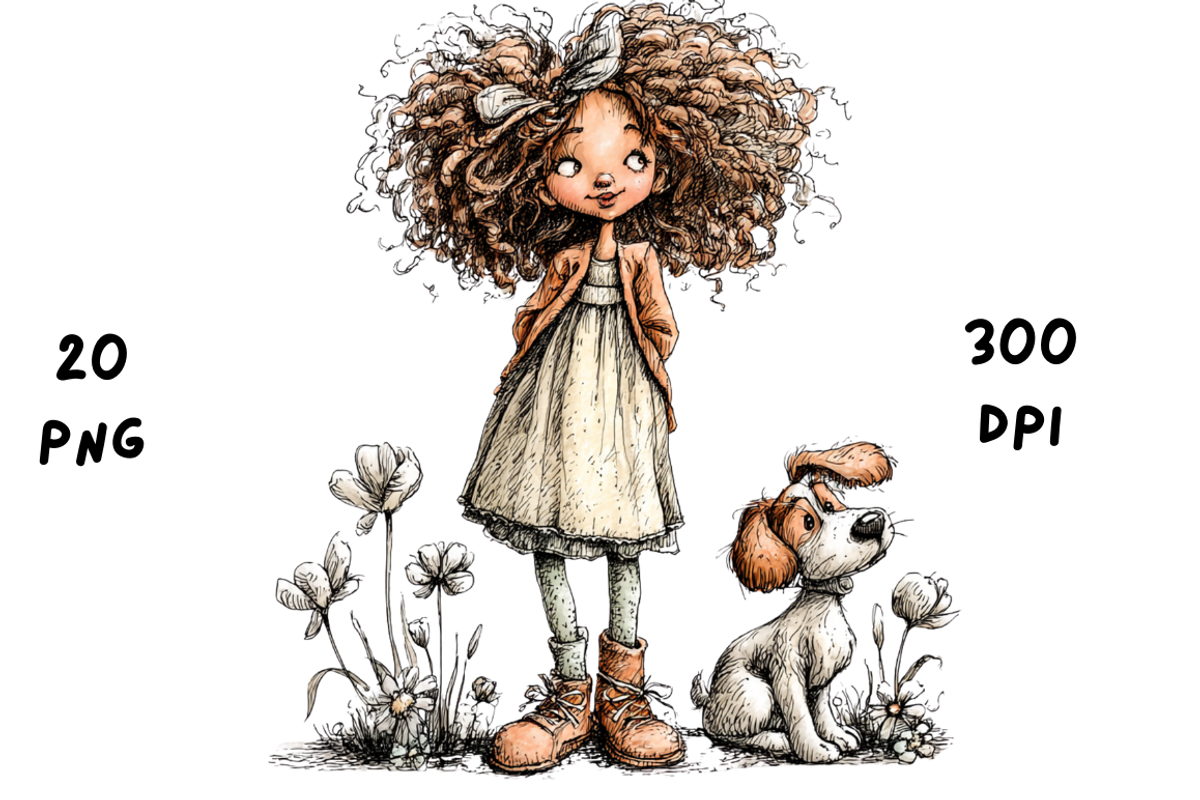 Whimsical Floral Girl and Puppy, an Animal Illustration by GiraffeCreative (Photo 5 of 20)