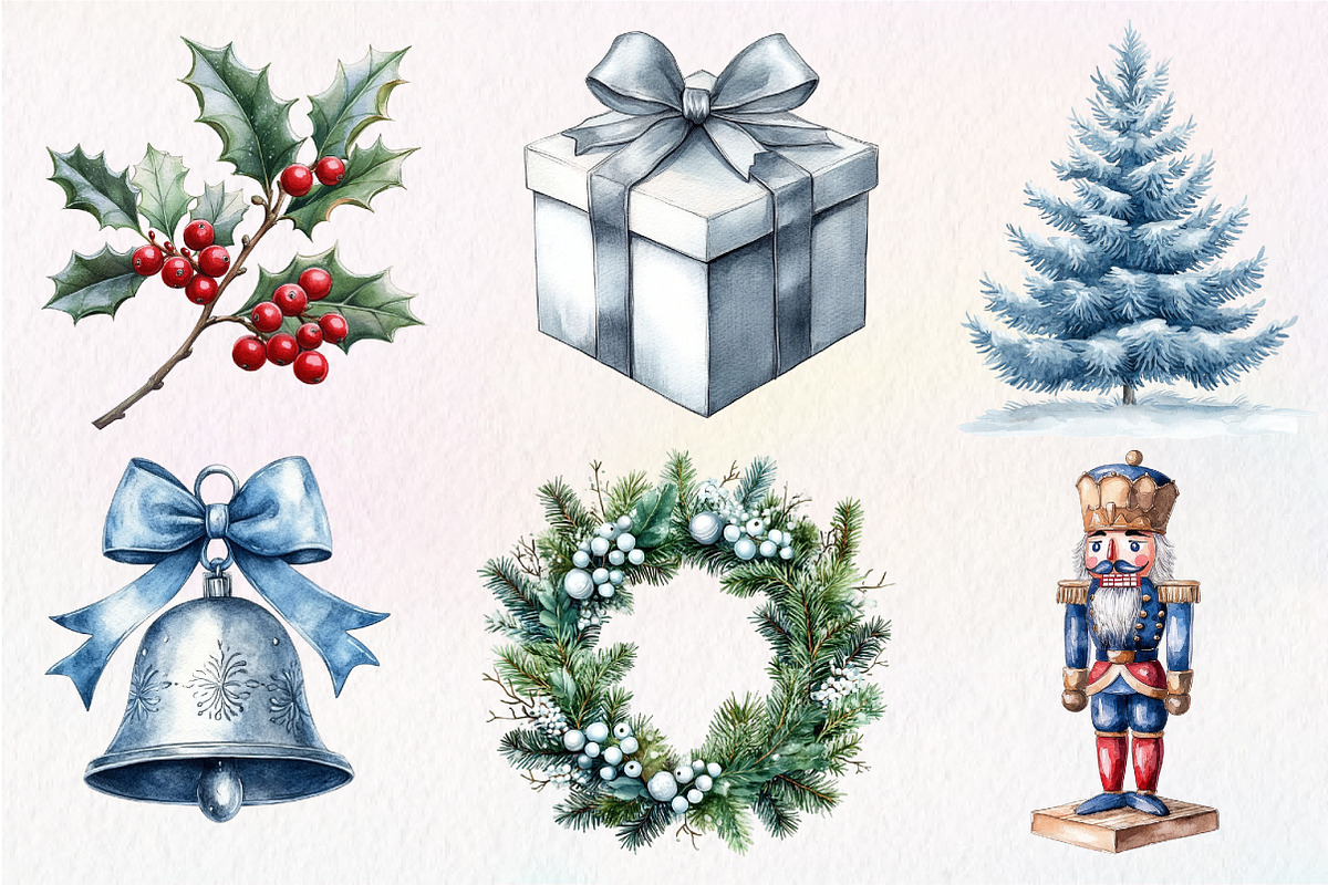 Silver Christmas Watercolor Clipart, an Illustration by Dream Creation (Photo 6 of 7)