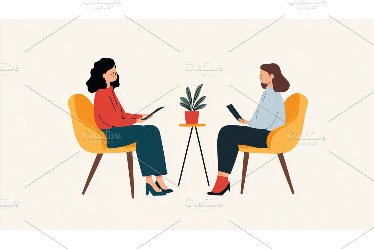 Two women sit across from each other, a Technology Illustration by Sergey Kotenev