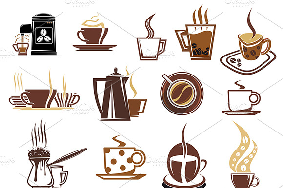 Brown Coffee Cup And Kettle Icons