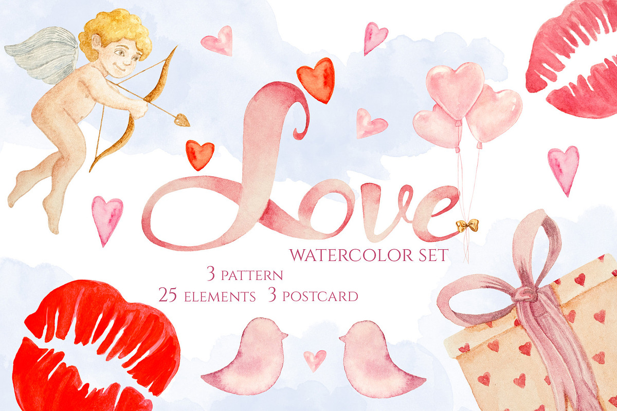 Hand Drawn Watercolor Set LOVE, an Illustration by Marge Art (Photo 1 of 4)