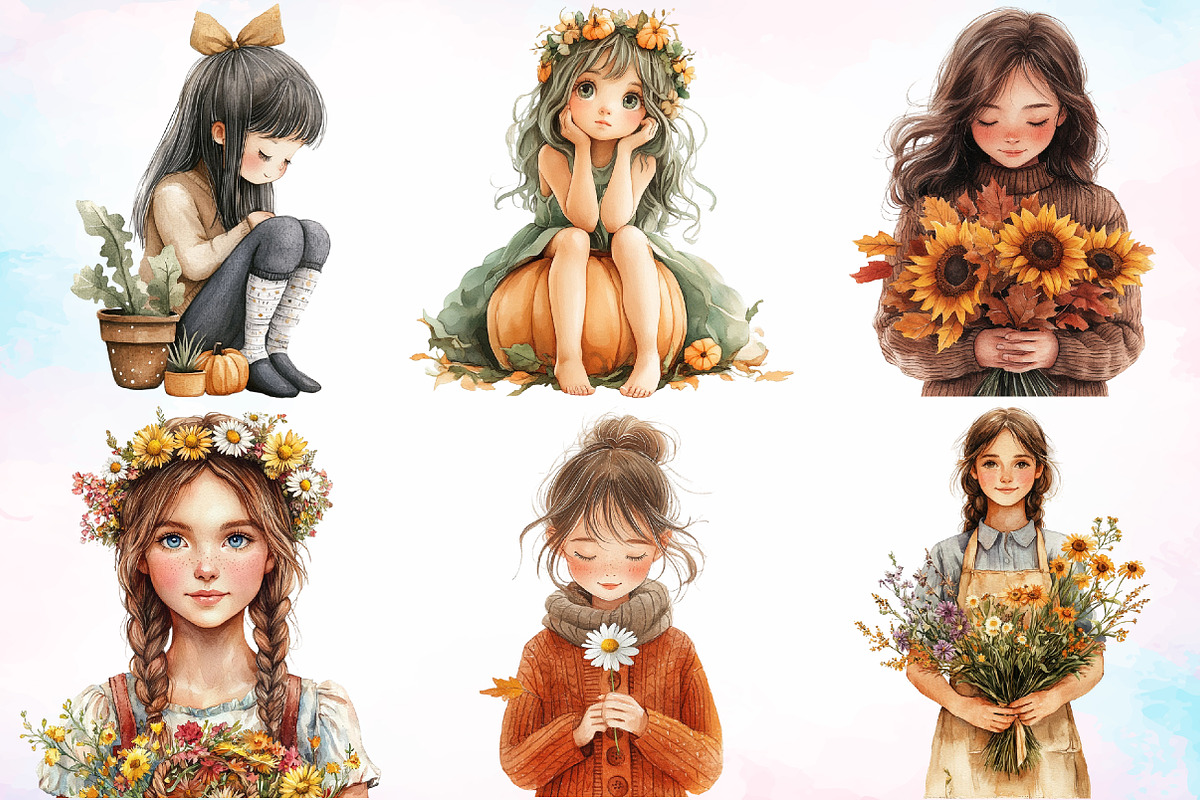 Girls with Fall Flowers Clipart PNG, a Seasonal Illustration by Canvas Craft (Photo 4 of 7)