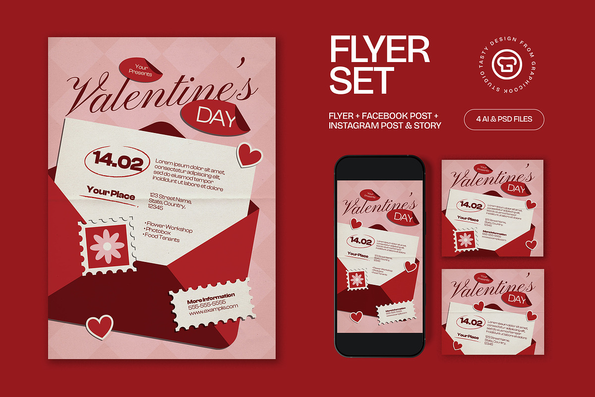 Red Valentine's Day Flyer Set, a Flyer Template by graphicook (Photo 1 of 3)