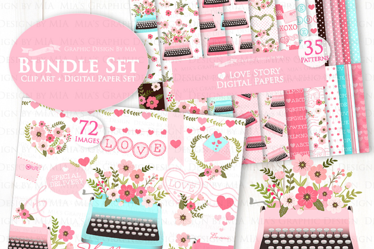Love Typewriter Pink and Light Blue, an Illustration by Mia's Graphic Design (Photo 2 of 9)
