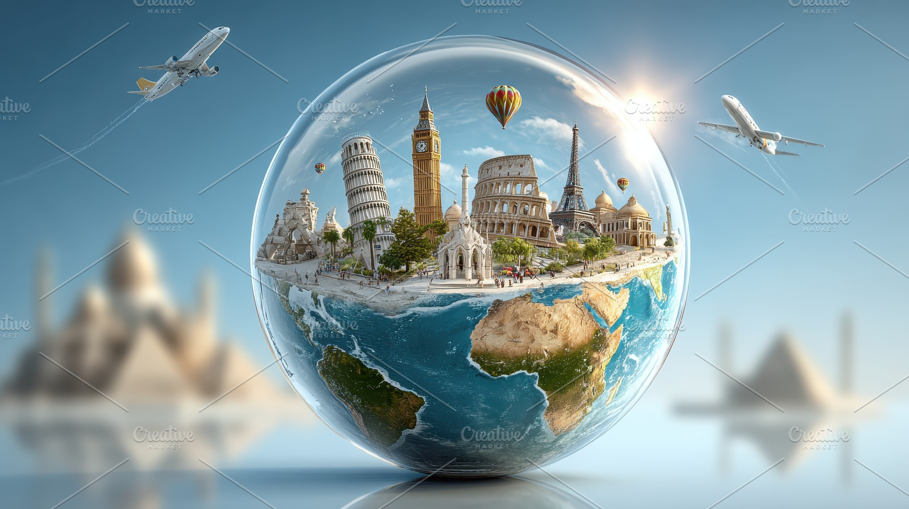 World travel landmarks in a glass gl, a Photo by Pixeness Studio