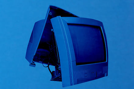 Broken TV set over blue, a Background Photo by WorldPhotos