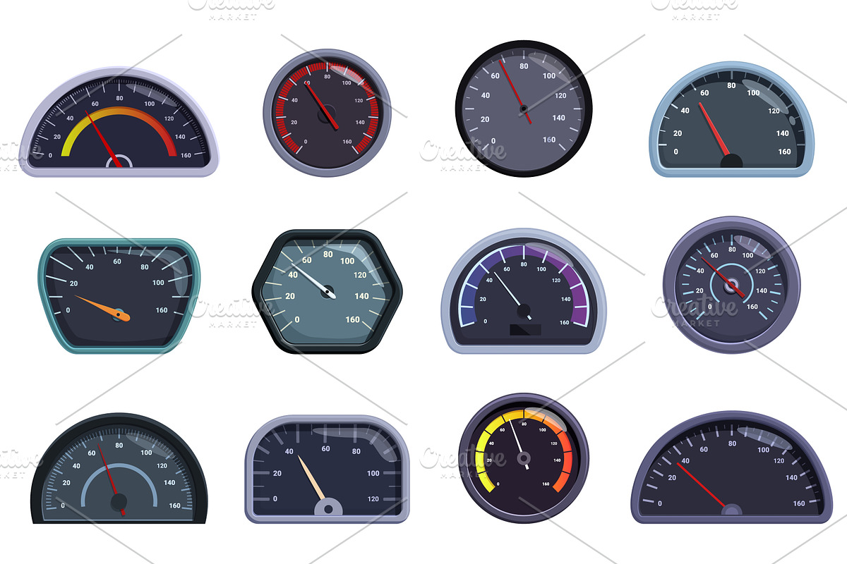 Speedometers. Cartoon odometers, a Technology Illustration by Valerie Bodnar