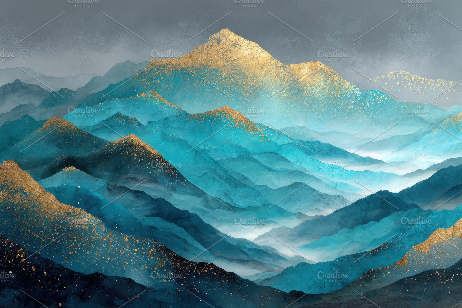 Golden Blue Misty Mountainscape Abst, a Photo by Pixeness Studio