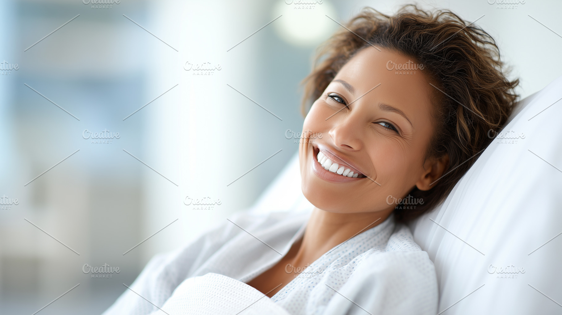 Smiling woman relaxes in a hospital, a Health & Medical Photo by MistyDay