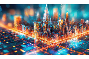 A futuristic digital city glows with, an Architecture Photo by Igor Tichonow