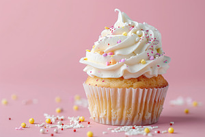 Tasty cupcake with sweet whipped cream on pink background, a Food & Drink Photo by AlyaAnd
