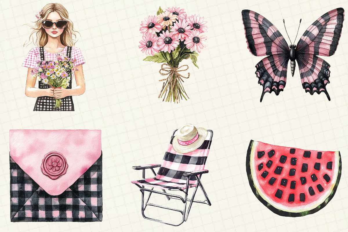 Black And Pink Gingham Summer Clipar, an Illustration by OK Design (Photo 3 of 5)