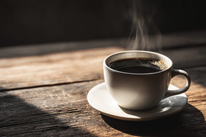 Steaming coffee cup on wooden table, a Food & Drink Photo by Virgo Studio
