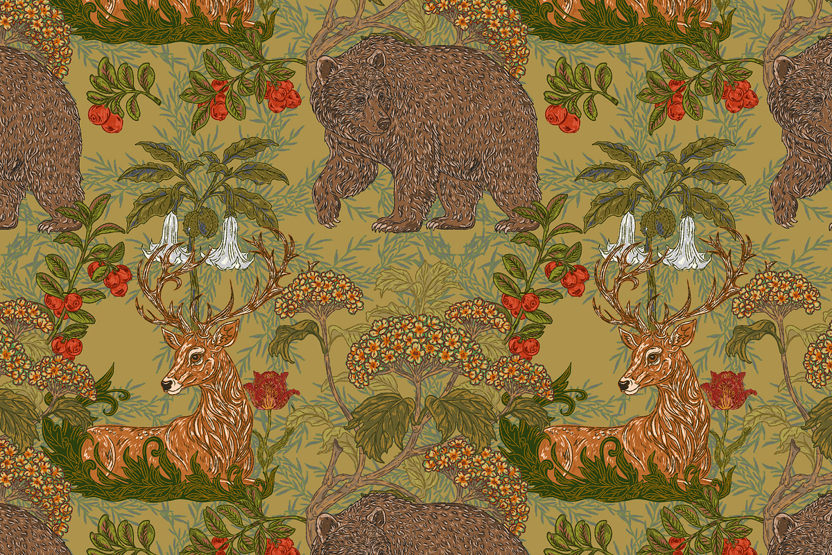 Woodland Bear and Deer Botanical, a Pattern Graphic by NayaChu (Photo 3 of 9)