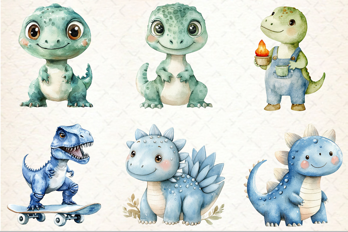 Cute Dinosaur Watercolor Clipart, an Illustration by Rose Art (Photo 3 of 7)