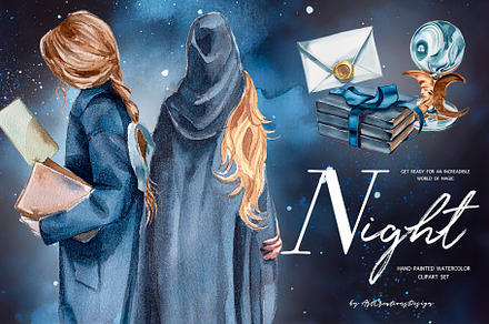 Watercolor Night Clipart Set, an Animal Illustration by ArtCreationsDesign