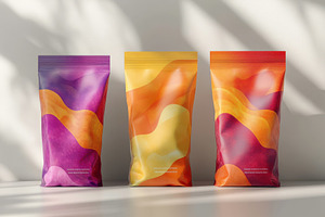 Colorful snack pouches design mockup, a Background Photo by Pixeness Studio