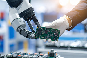 Industrial robotic arm and human hand gripping a small circuit b, a Technology Photo by DanFLCreativo