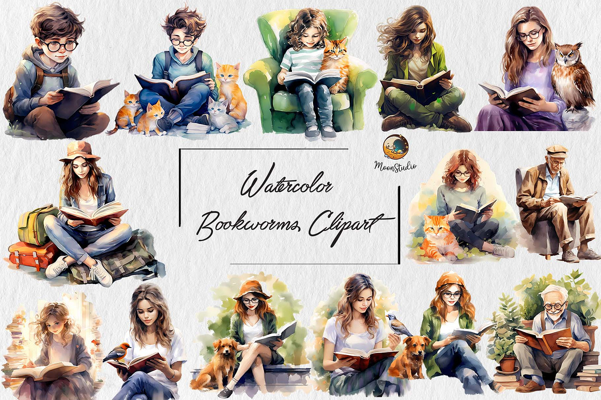 15 Watercolor Bookworms Clipart, an Illustration by Moon Studio (Photo 1 of 11)