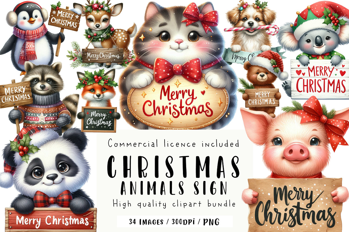 Animals Holding Merry Christmas Sign, an Illustration by CreationArt (Photo 1 of 5)